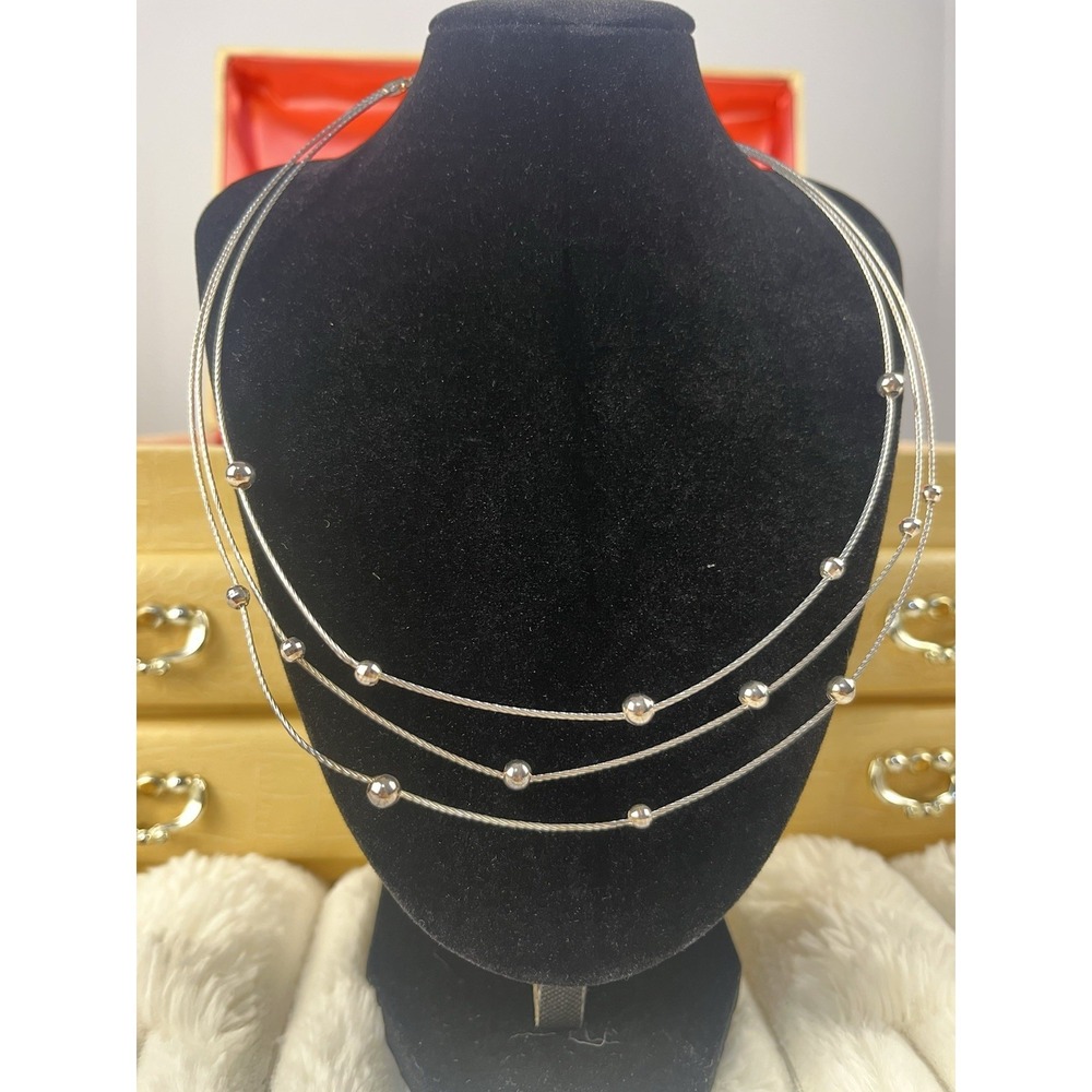 Sterling‎ Silver 925 3 Strand Layered Beaded Necklace 14"